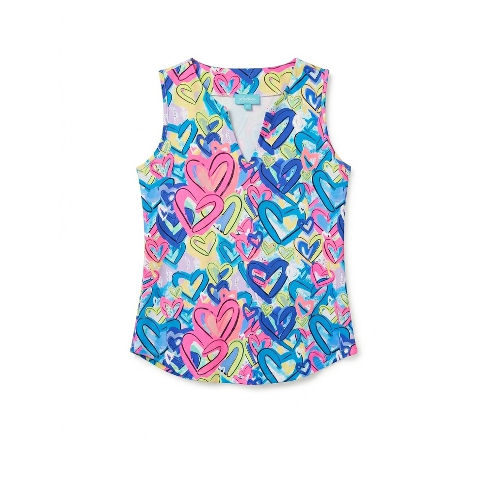 Anthony's Resort Wear Heart Print Sleeveless V-Neck Top Multi-Color UPF S